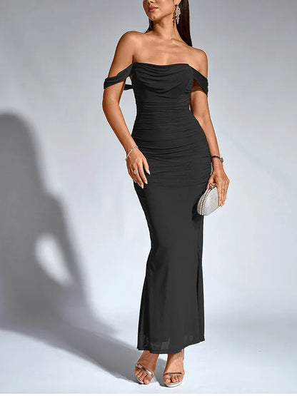 Women's Off Shoulder Ruched Mesh Long Corset Dress Backless Fishbone Bodycon Elegant Fashion Party Club Maxi Dresses