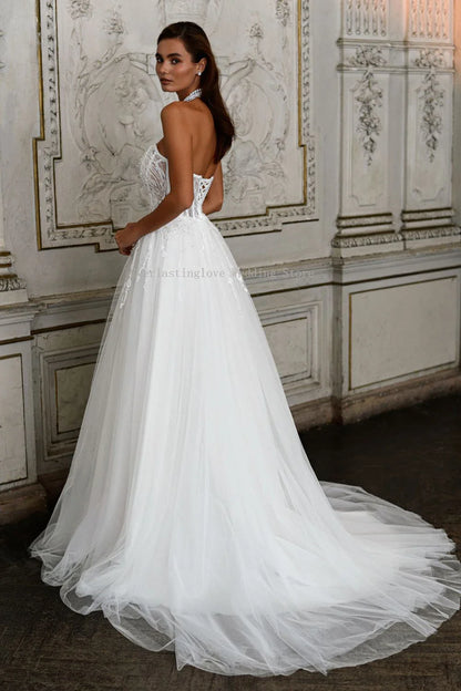 Neckline Beaded Lace Bridal Grown A Line Wedding Dresses Sweep Train Custom Made 2025 Vestido De Noival