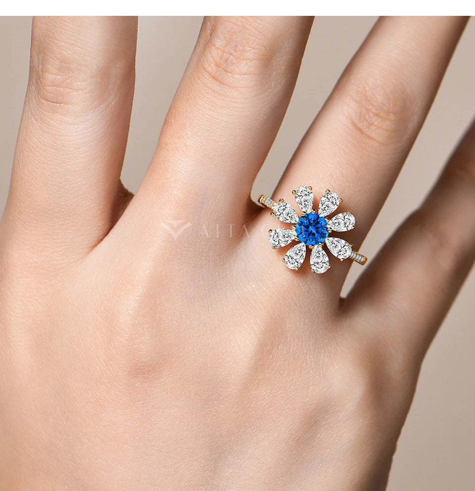 2024 D VVS1 Pear Cut Moissanite Rings Lab Blue Zircon for Women S925 Sterling Silver Flower Jewelry Birthday Party Gift
