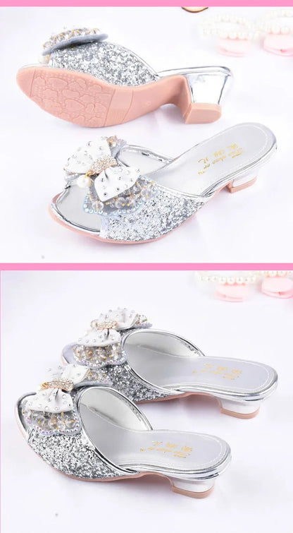 Girls Summer Sandals Slipper Sequined Princesse Children High Heel Party Dress Shoes Leather Slipper For Kids Slides