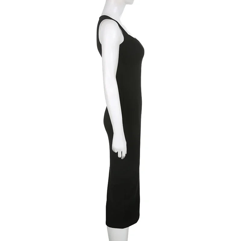 Basic Knit Long Dress Korean Fashion Square Collar Sleeveless Women's Dresses Summer Casual Y2k Vintage All-match Outftis