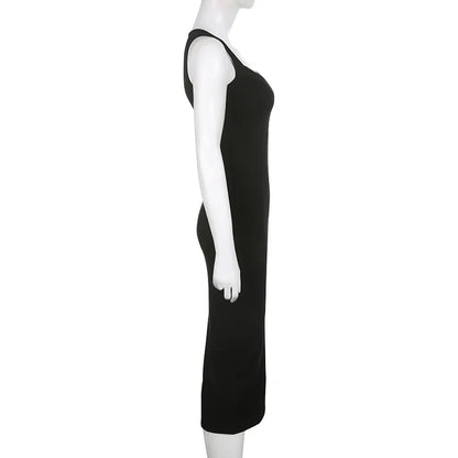 Basic Knit Long Dress Korean Fashion Square Collar Sleeveless Women's Dresses Summer Casual Y2k Vintage All-match Outftis