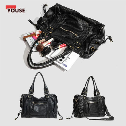 Braided Trim Black Leather Tote Bag with Gold Rivets & Front Zipper Pocket - Top Handle Work Purse for Women, Briefcase ﻿ ﻿