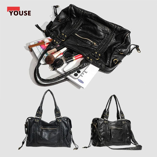 Braided Trim Black Leather Tote Bag with Gold Rivets & Front Zipper Pocket - Top Handle Work Purse for Women, Briefcase ﻿ ﻿