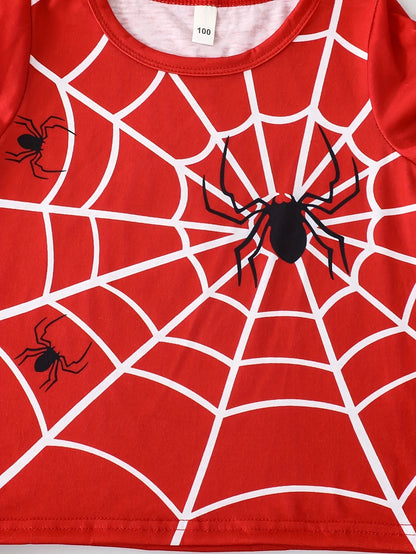 Boys summer "Spider Web" fashionable personality trend pattern round neck short sleeves & shorts & spider bag three-piece set