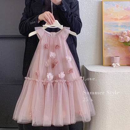 Girls' Sleeveless Floral Mesh Dress - Princess Party Gown for Toddlers 2-8 Years, Breathable Wedding & Special Occasion Dress