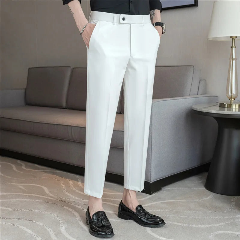 Stretch Solid Color Men's Trousers, Suitable for Business Casual, Parties, Formal Events, and Ankle-length Slim Pants.28-40