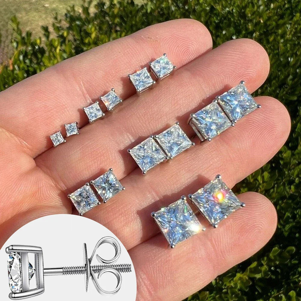 1/2/3/4carat Princess Cut Moissanite Stud Earrings Screw Back 925 Sterling Silver Square Diamond Stud Earring for Women Men Gift