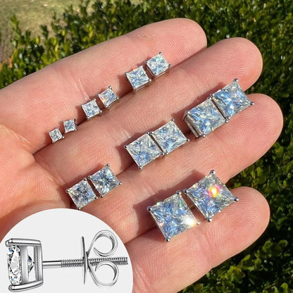 1/2/3/4carat Princess Cut Moissanite Stud Earrings Screw Back 925 Sterling Silver Square Diamond Stud Earring for Women Men Gift