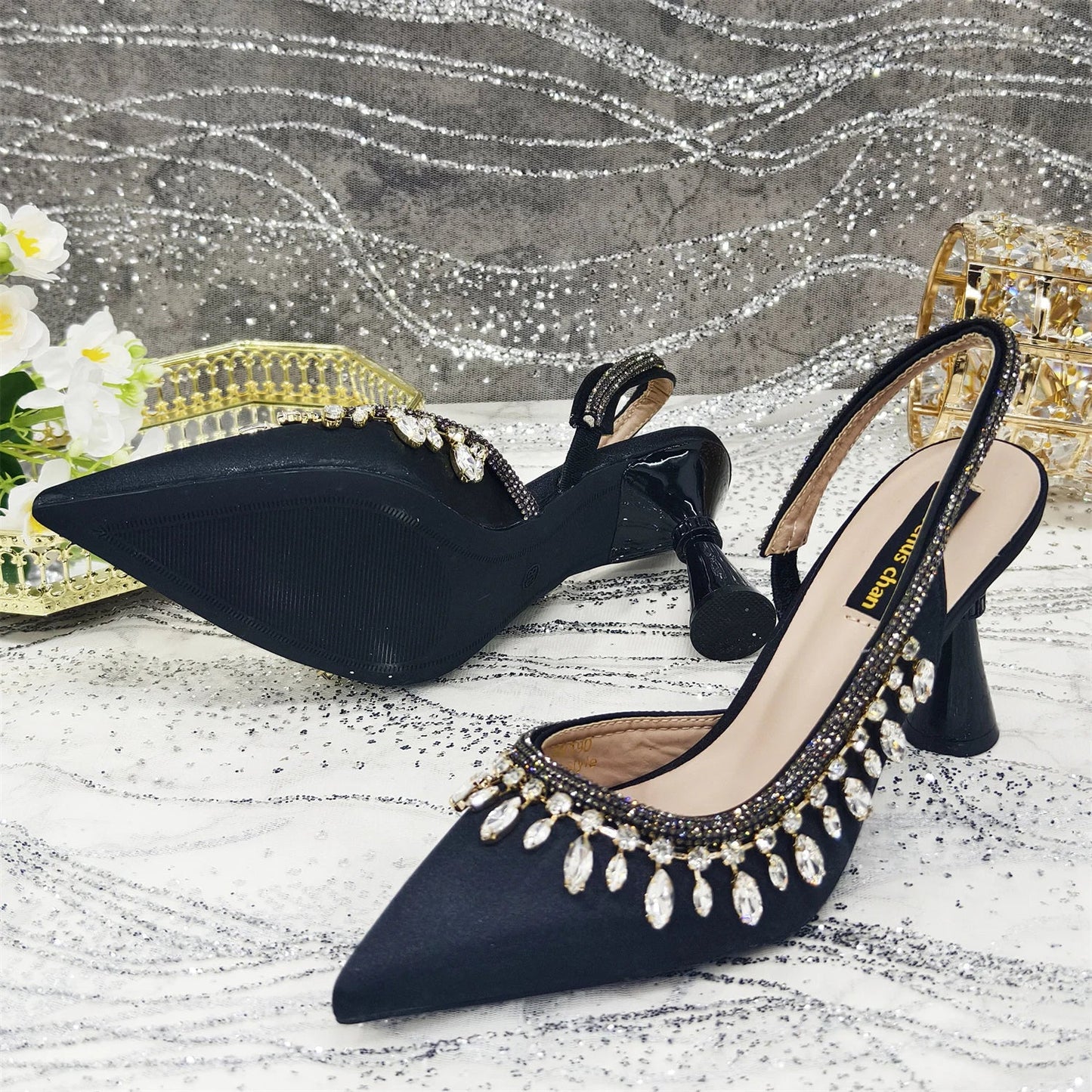 Pointed-Toe High Women Heels Shoes and Bags for Women Rhinestone Evening Party Elegant Luxury Handbag
