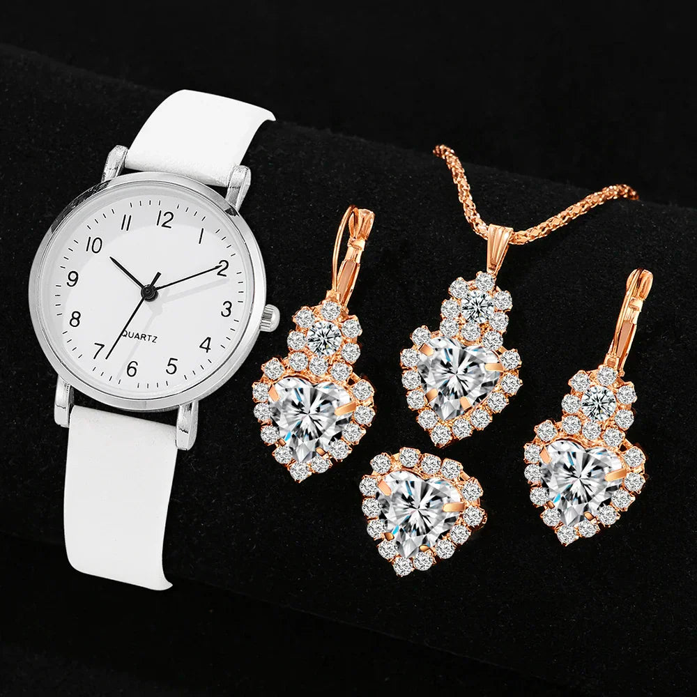 7pcs Women's Watch Fashion Casual Round Pointer Quartz Watch and Necklace Bracelet Ring Earring Set