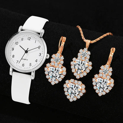 7pcs Women's Watch Fashion Casual Round Pointer Quartz Watch and Necklace Bracelet Ring Earring Set