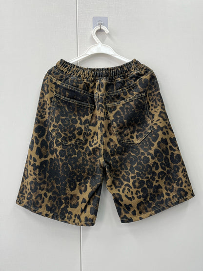 Men Leopard Denim Shorts Summer Thin American High Street Drawstring Casual Pants Loose Popular Versatile Handsome Trousers