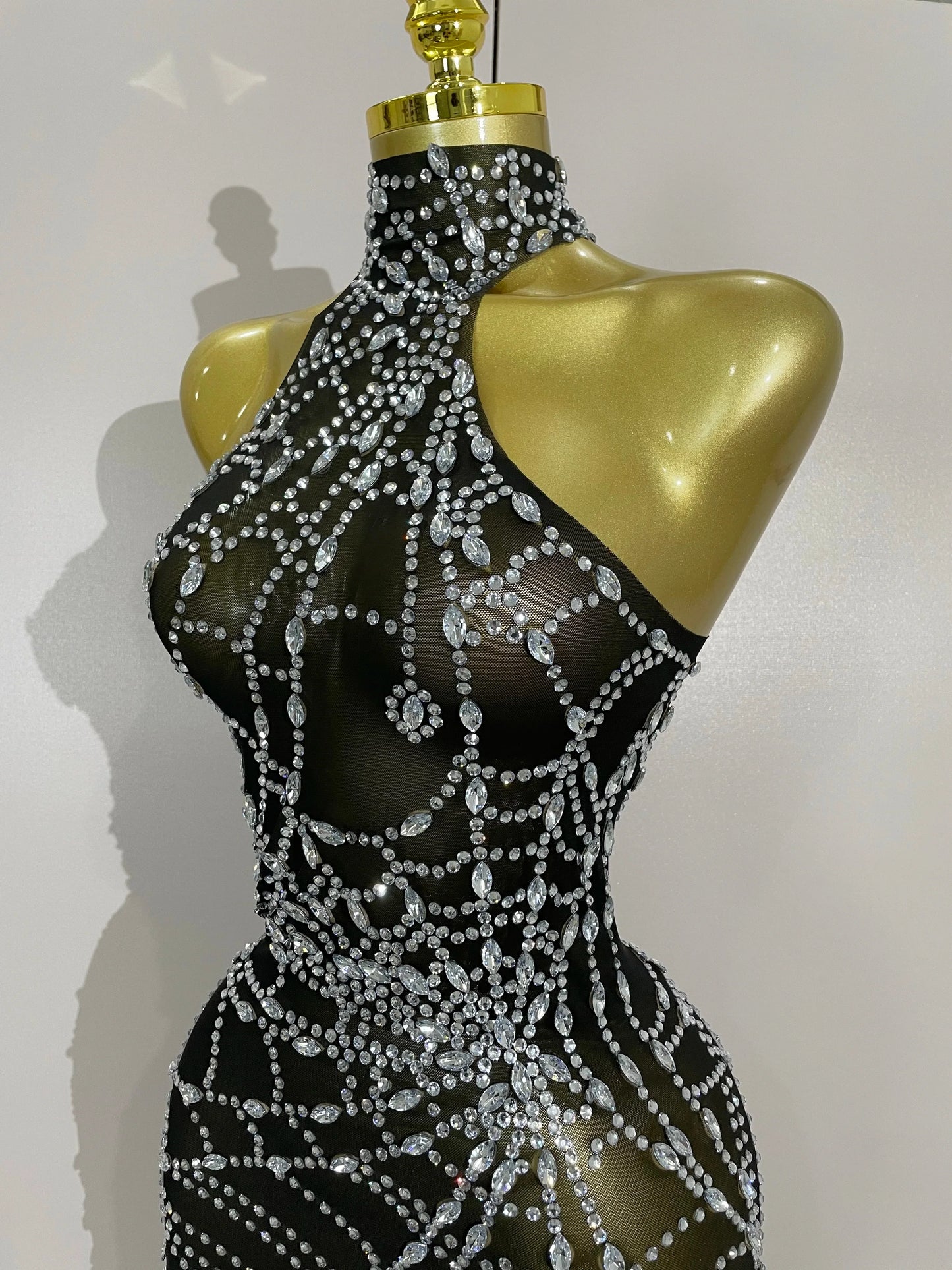 Sparkly Diamond Sexy Mesh Asymmetric Bodycon Mini Dress Women Nightclub Bar Party Show Gogo Dancer Clothing Stage Costume