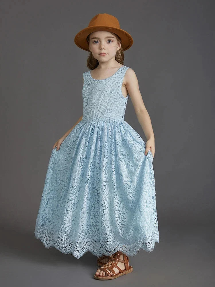 Princess Girls Lace Bohemia Long Dresses Baby Kids Flower Wedding Party Dress Cotton Lining Vestidos Costume Children Clothing