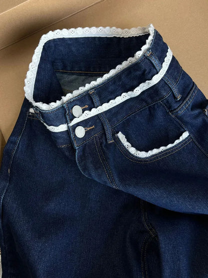 Casual Straight Jeans Streetwear Vintage Blue Lace Spliced Jeans