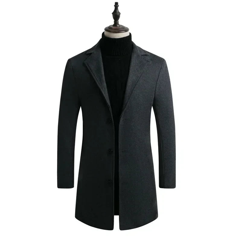 Men Long Cotton Coat 2025 Autumn Winter Wool Blend Pure Color Business Casual Slim Fit Windbreaker Jacket Fashion Men Clothing