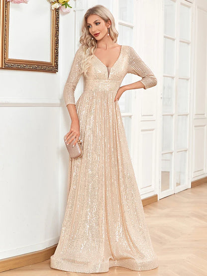 Vestido de Noite Formal Azul com Lantejoulas Decote V Manga Longa Luxuoso Feminino para Festa de Casamento Baile Formatura Maxi Coquetel