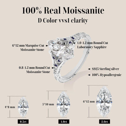 Marquise Cut 2ct Moissanite Ring With Lab Sapphire Women's Ring 925 Sterling Silver Luxury Wedding Jewelry Customizable