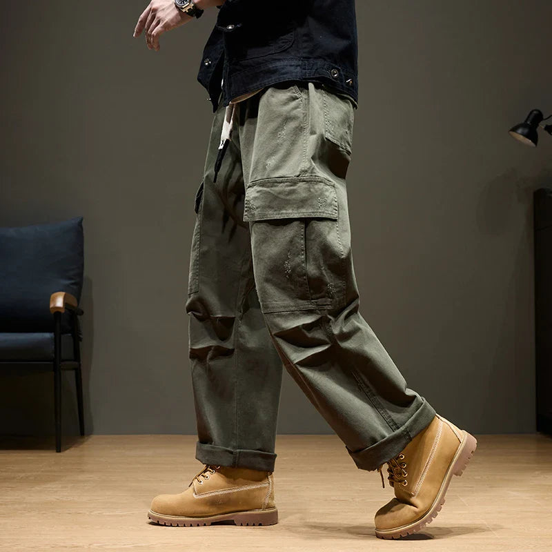 Men's Baggy Cargo Pants with Pockets 100% Cotton Drawstring Elastic Waist Wide Leg Outdoor Casual Pants Plus Size 8XL