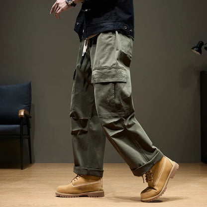 Men's Baggy Cargo Pants with Pockets 100% Cotton Drawstring Elastic Waist Wide Leg Outdoor Casual Pants Plus Size 8XL