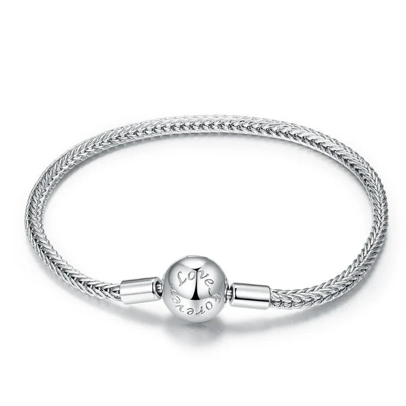 925 Sterling Silver Zircon Rose Buckle Bracelet Snake Chain for Women Bead Charm DIY Chic Jewelry Gift BSB096