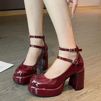 2024High Heels Women's Spring Autumn Pumps Shoes Red Black Retro Thick Soled  Jane  Ankle Buckle 9cm Chunky