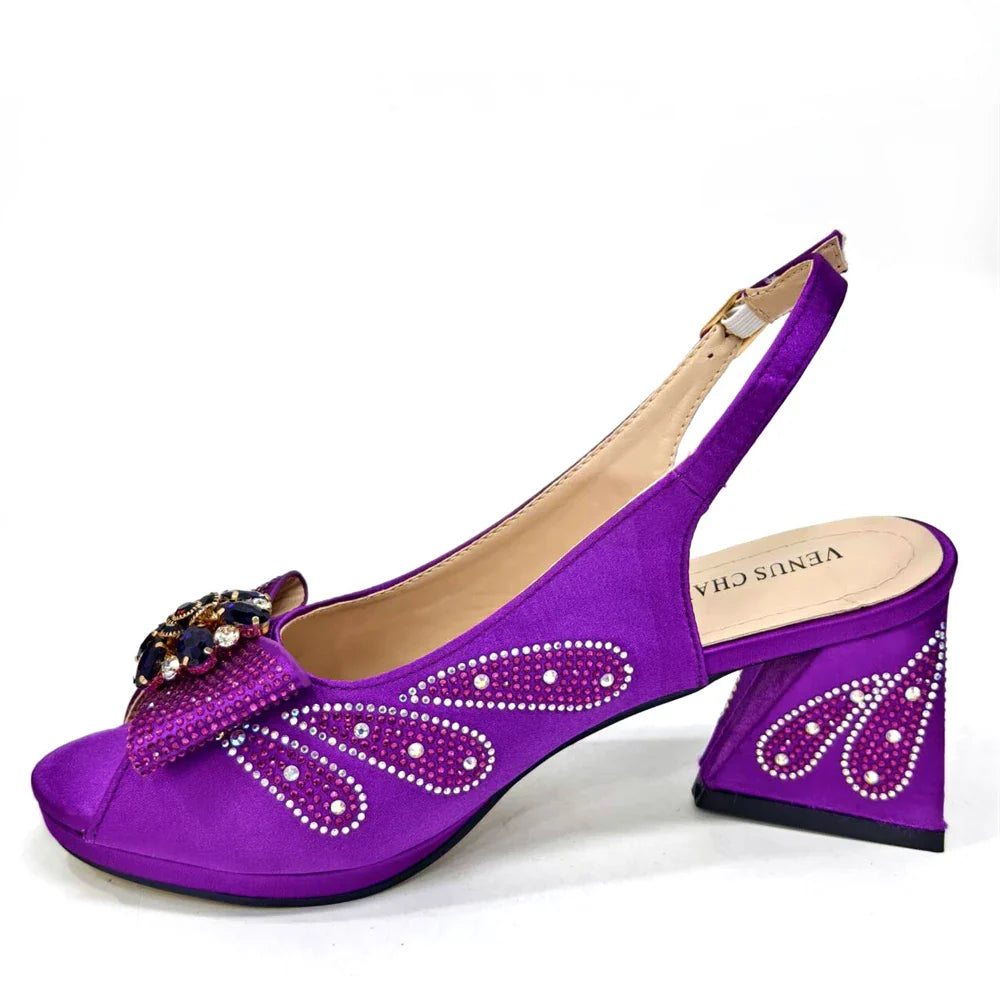Italian Shoes and Bags Matching Set for Women Bow Rhinestones Peep Toe High Heels Purple Color Nigerian Party 2024