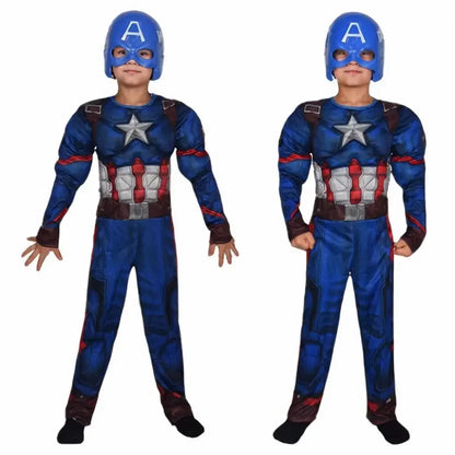 2025Kids Anime Superhero Costume Captain America Muscle Jumpsuit with Shield and Mask Cloak for Halloween Carnivals Cosplay Suit