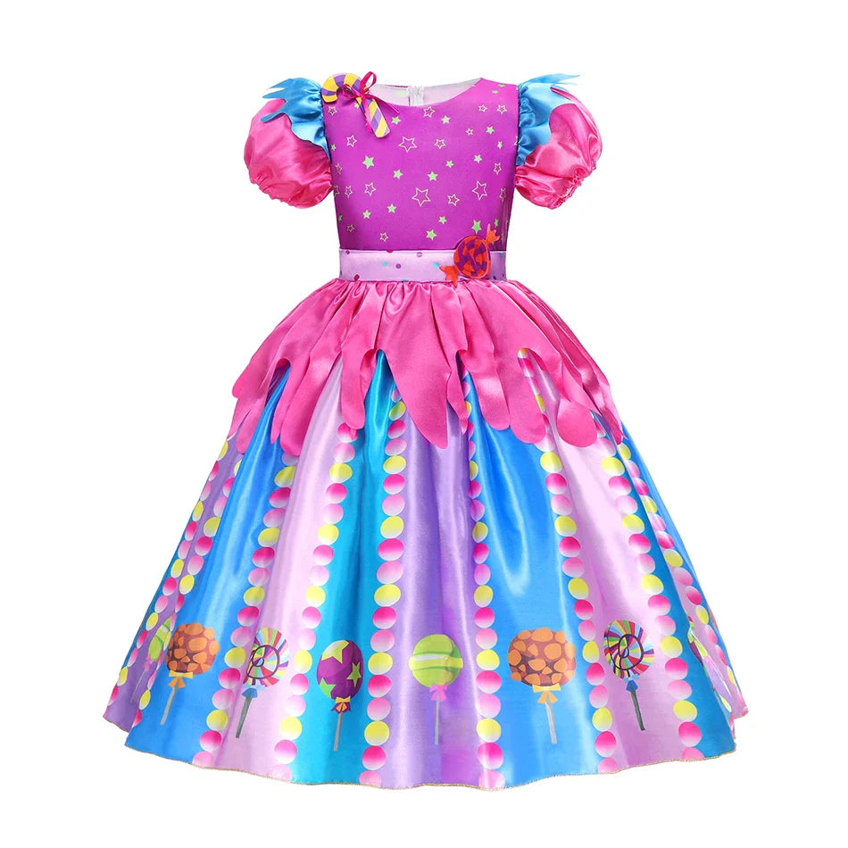 Girls Rainbow Dress Candy Costume Sweet Lollipop Festival Purim Carnival Party 3-10y Children Clothing with Candy Wing Stage Sho