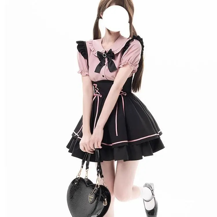 Cute Sweet Lolita Dr Set Women's School Sle Princ Skirt Blouse Two-Piece Set High Waist A-Line ort Sve Doll Collar