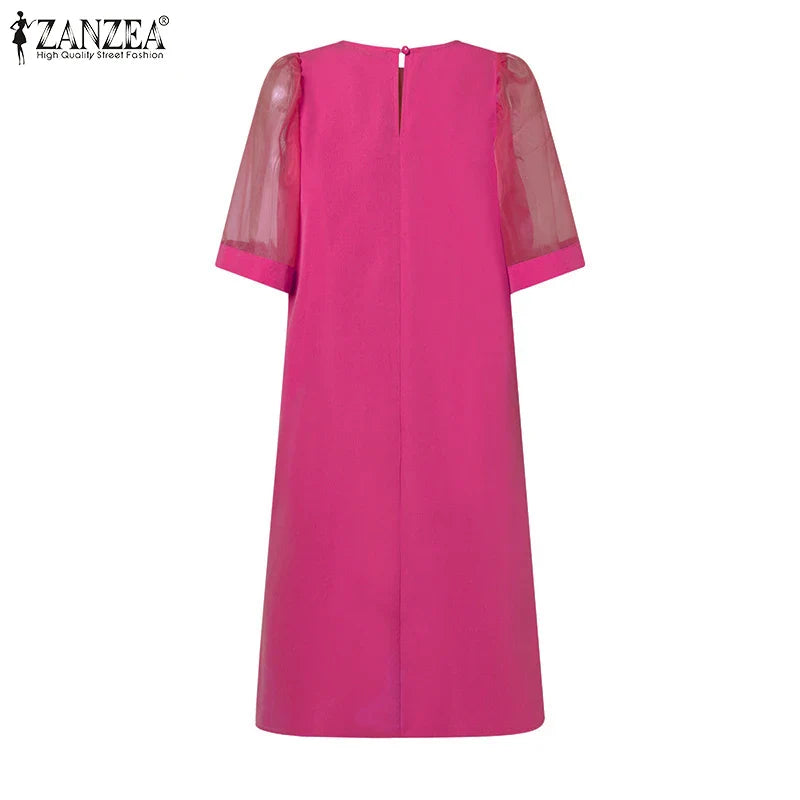 Women Vintage Vestidos Solid Mesh Patchwork Sundress Casual Summer Mini Dress Party Ruffle Short Sleeve Loose Dresses