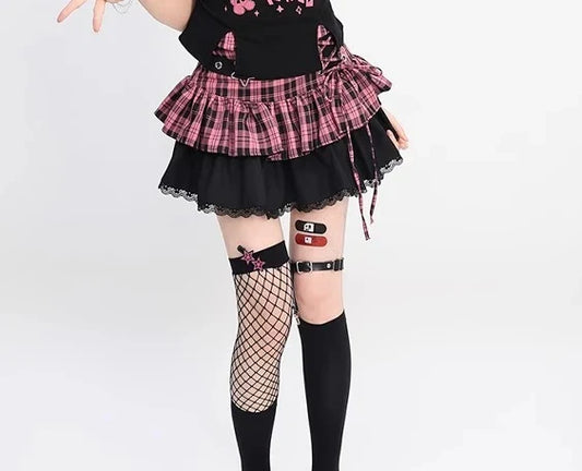 Elegant Plaid Lace-up Sexy Lace Y2k Sweet Subculture Cake Skirt Women Summer New Street A-line High Waist Versatile Punk Skirts