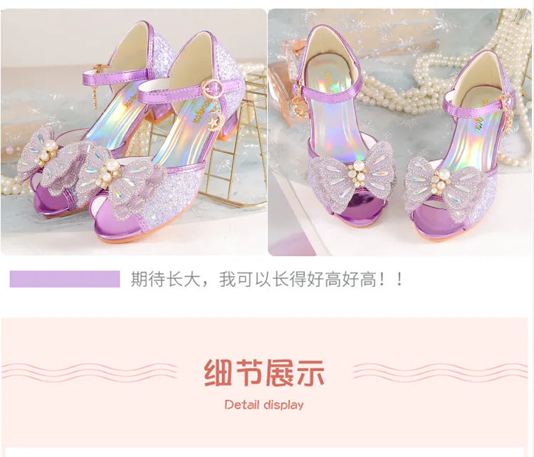 Children's Princess Shoes Summer New Girls' Performance High Heels Fashion Pearl Bow Baby Crystal Sandals