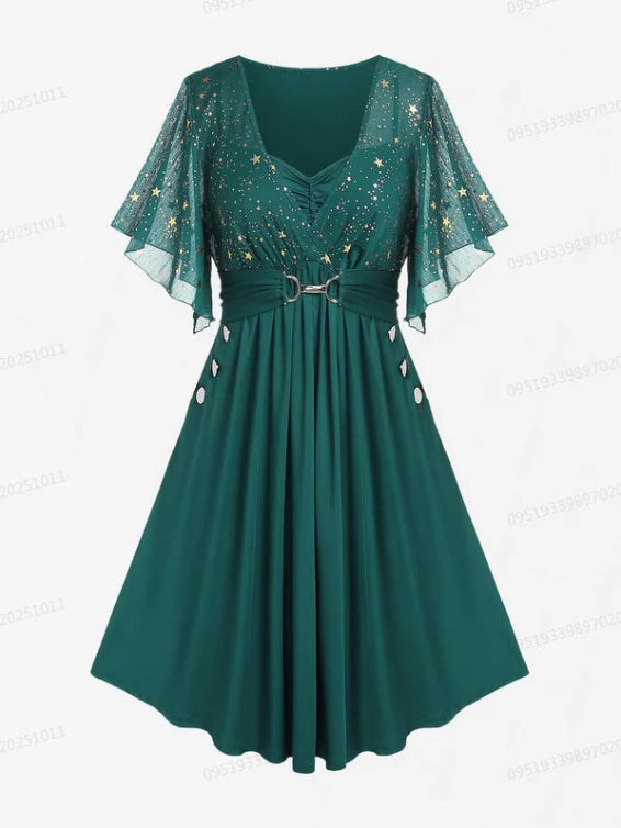 Plus Size Stars Print Buckle Button Pockets Ruched Butterfly Sleeves Dress Deep Blue Women Casual Square Collar Dresses