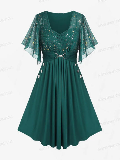 Plus Size Stars Print Buckle Button Pockets Ruched Butterfly Sleeves Dress Deep Blue Women Casual Square Collar Dresses