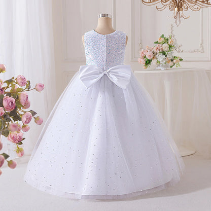 Vestidos de Festa de Daminha de Verão com Lantejoulas para Meninas Elegante Laço Vestido de Aniversário de Casamento para Meninas Baile de Formatura Gala Concurso Noite Roupa Infantil
