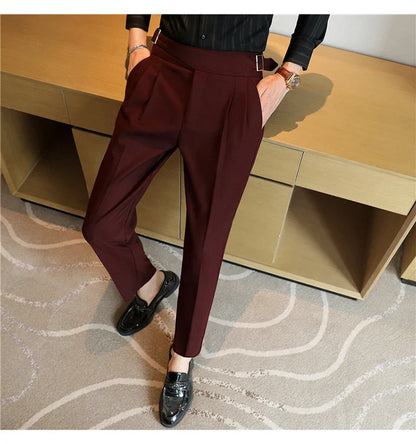 Luxury Men's Slim High-Rise Dress Pants - Heavyweight Subtle Stripe with 3D Pleats & Naples Tailoring