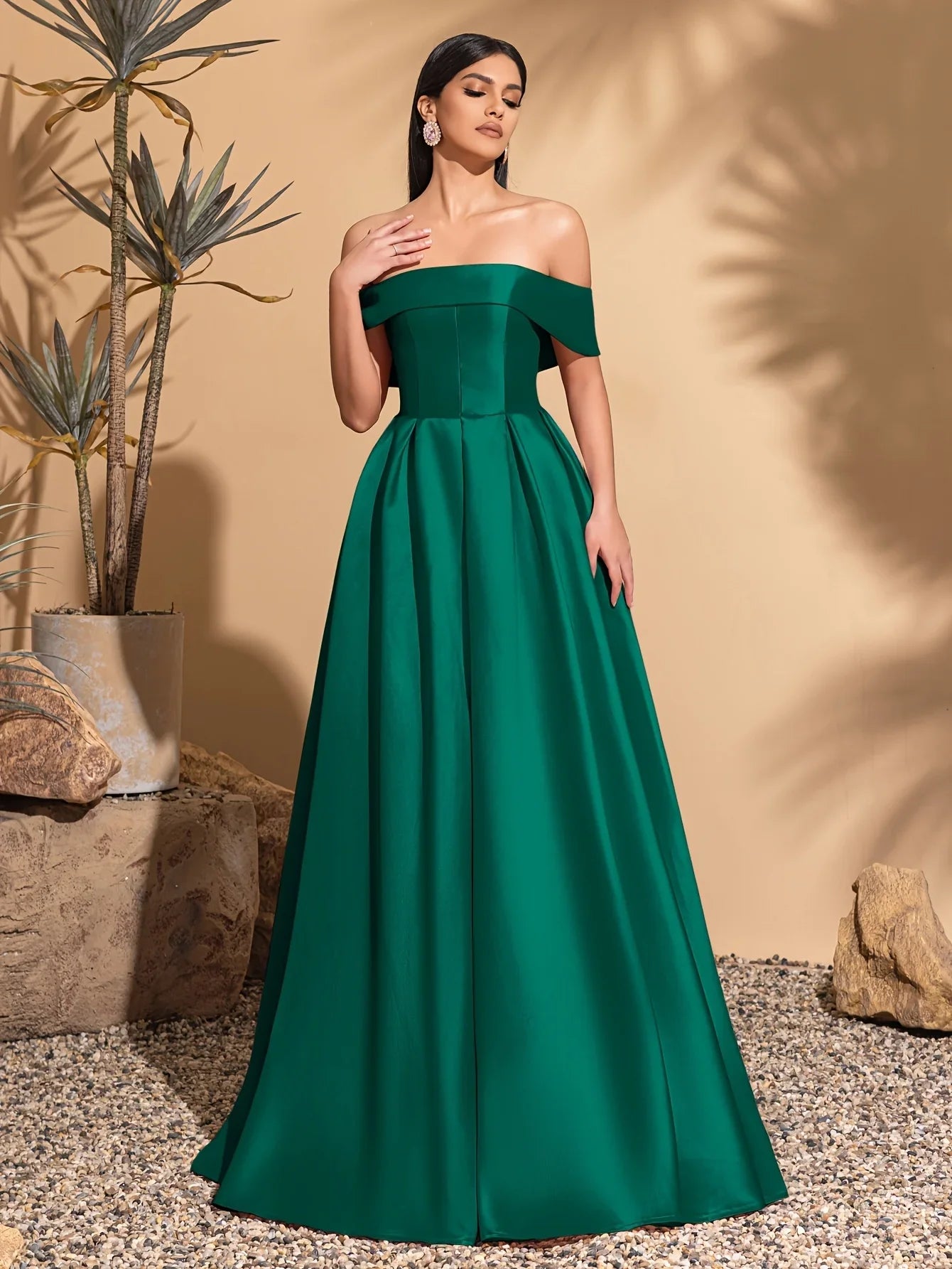 Off-the-shoulder satin dress with back tie, elegant and chic dress