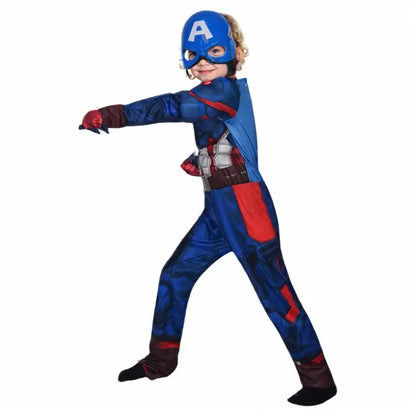 2025Kids Anime Superhero Costume Captain America Muscle Jumpsuit with Shield and Mask Cloak for Halloween Carnivals Cosplay Suit