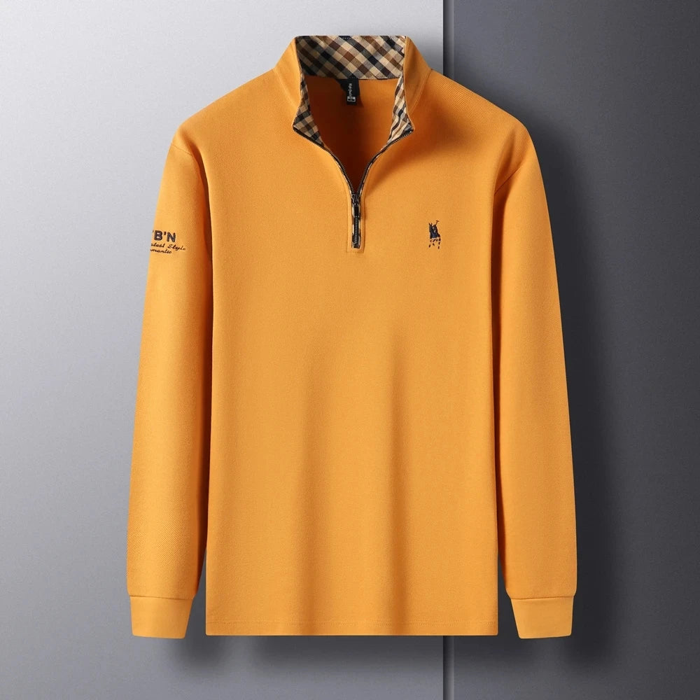 High end 100% cotton brand long sleeve T-shirt men's standing collar autumn fashionable embroidery Paul casual sports polo shirt