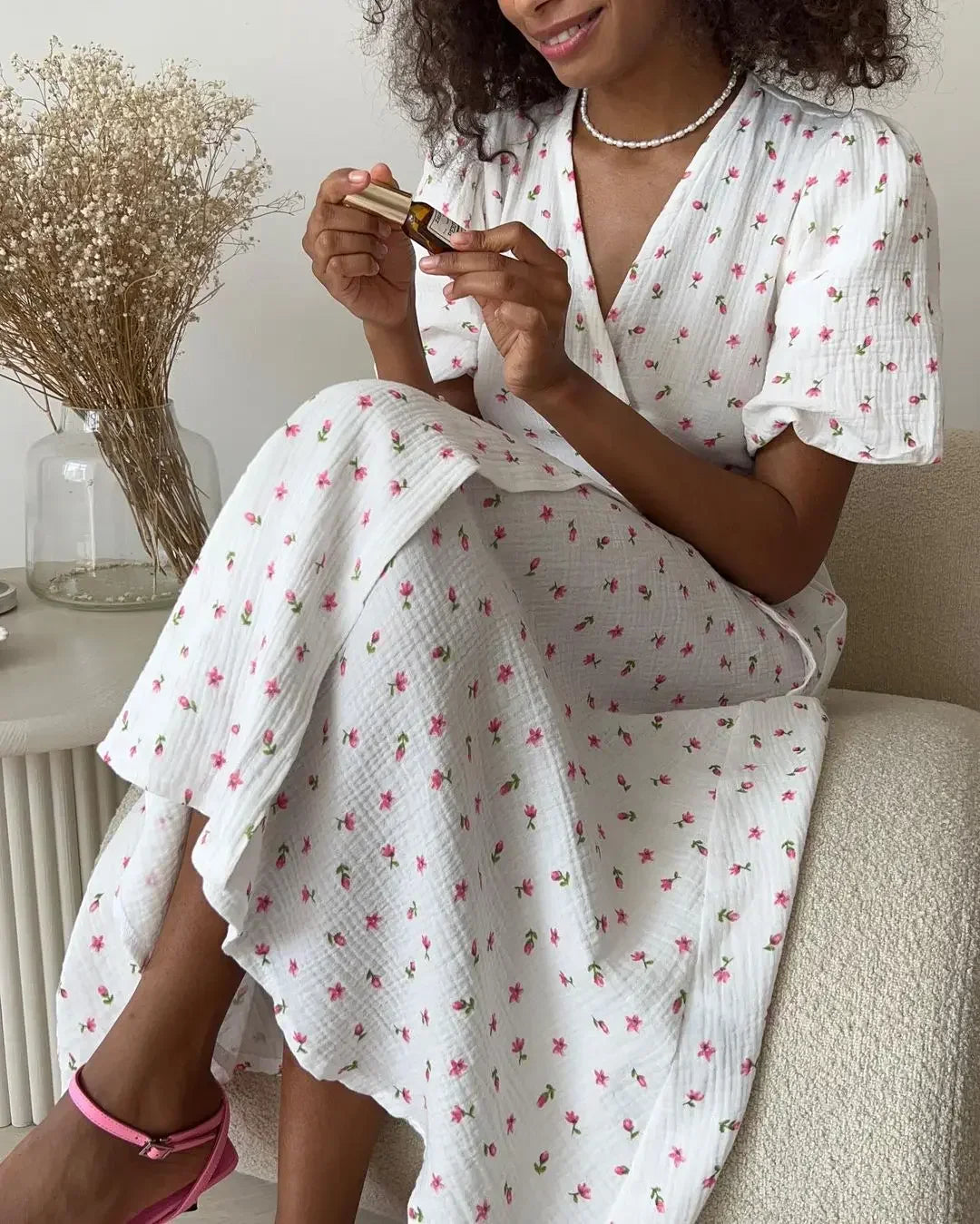 Summer Women Psrinted Dress Lace Up Short Sleeve Fashion Office Lady Long Dress 100% Cotton Daily Casual V-neck Skirt