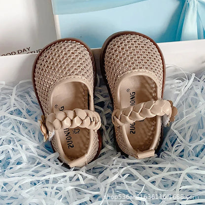 Girls Walking Shoes Lace Mesh Bows Kids Princess Shoes Non-slip Shiny Sequins 2025 New Children Flat Shoes Soft Sole Non-slip