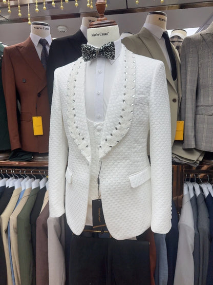 White Premium Crystals Groom Wear, Fully Jacquard Three Pieces Men's Suit, Fast Shipping Classy Set, New Arrival Dancing Tuxedo
