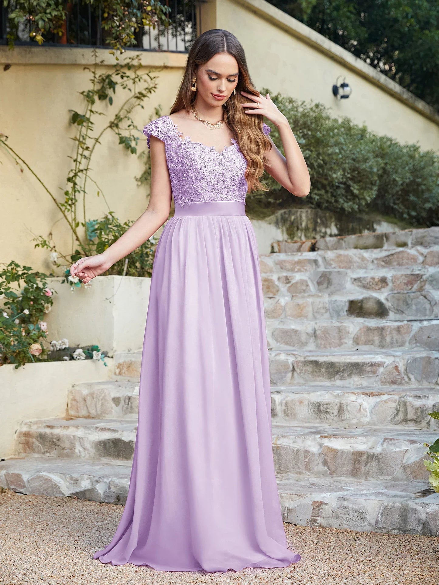 A-line V Neck Sleeveless Floral Lace Chiffon Back Hollow Long Paty Bridesmaid Dress Women 2024 For Wedding Sexy Evening Dress