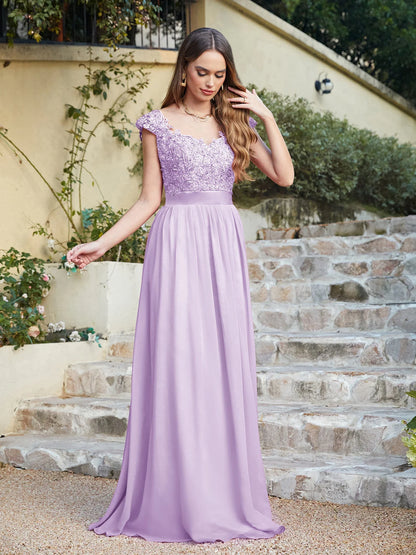 A-line V Neck Sleeveless Floral Lace Chiffon Back Hollow Long Paty Bridesmaid Dress Women 2024 For Wedding Sexy Evening Dress