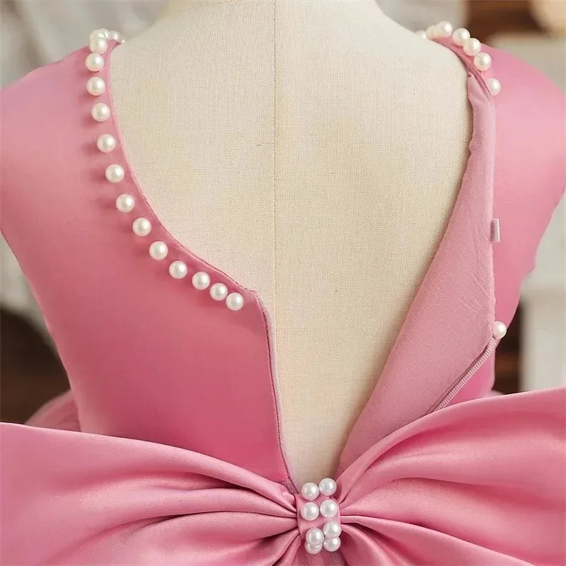 Princess Girl Bow Dress Kids Tulle Wedding Guest Party Birthday Pearls Elegant Bridesmaid Pageant Prom Ball Gown Gift