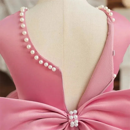 Princess Girl Bow Dress Kids Tulle Wedding Guest Party Birthday Pearls Elegant Bridesmaid Pageant Prom Ball Gown Gift