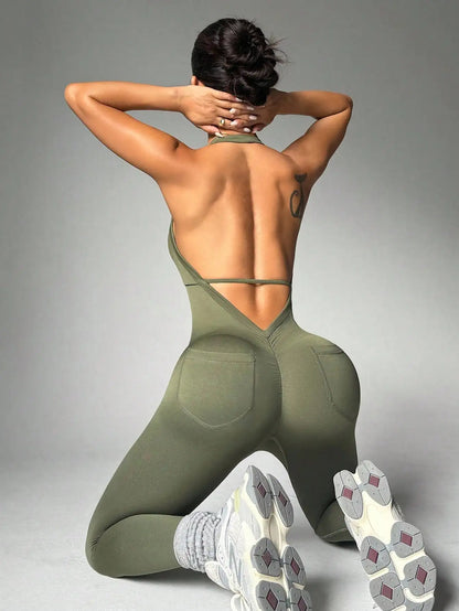 Women's solid color vest style seamless elastic sports jumpsuit with pocket design