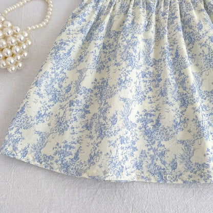 2026 Novo Vestido de Verão para Meninas Crianças 2-6 Anos Vestido de Manga Curta Bufante Estampa Floral Gola Franzida Algodão Doce